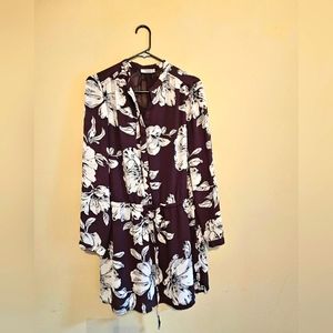 Dalia Womens Size 8 Purple & Beige Floral Cinched Tie Waist Long Sleeve Dress